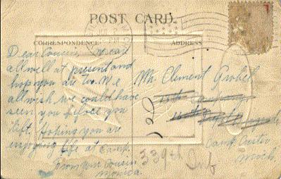 Dear Cousin, We are all well at present and hope you are too. We all wish we could have seen you before you left. Hoping you are enjoying life at camp. From your Cousin, Monica